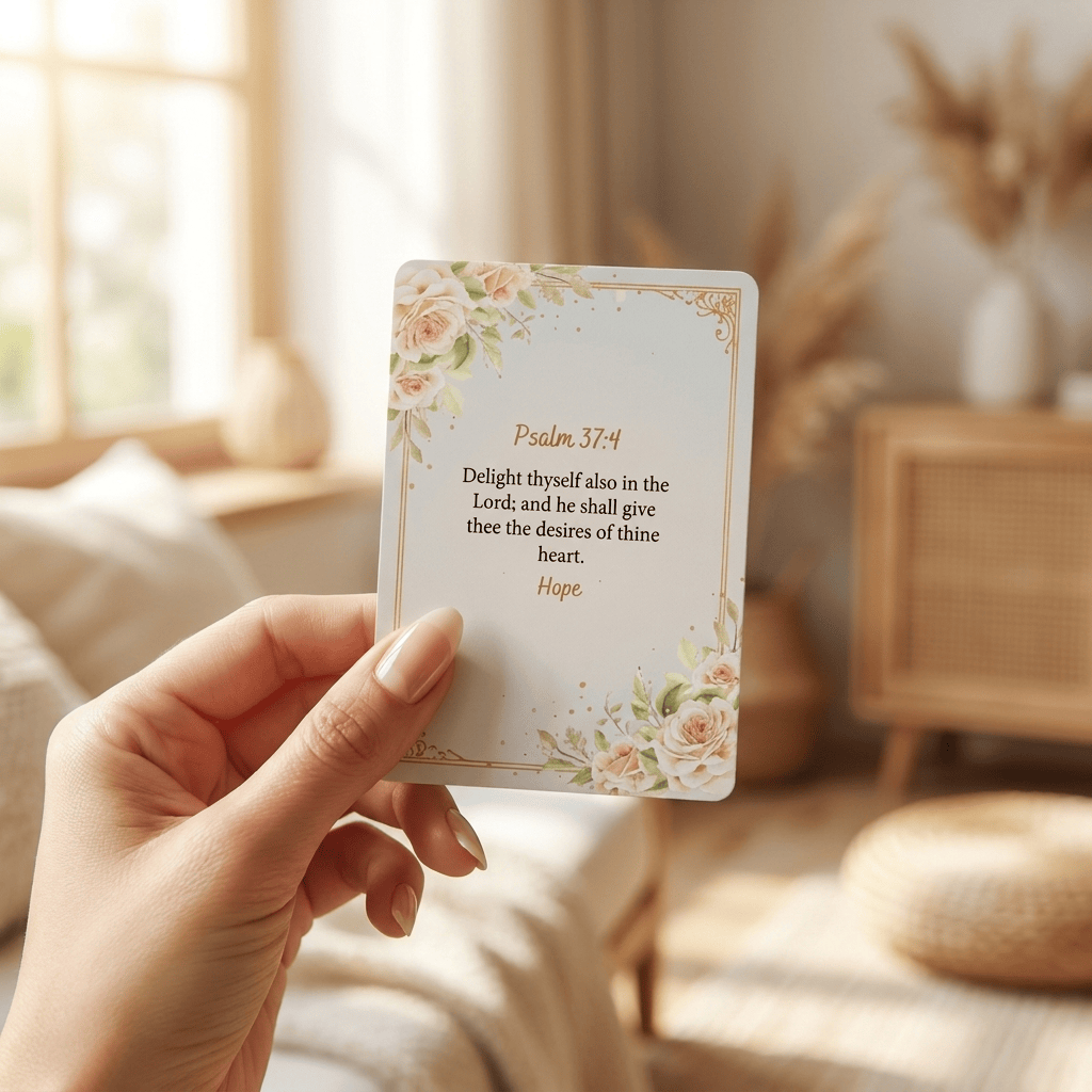 Hand holding a card with Psalm 37:4 text in a cozy indoor setting