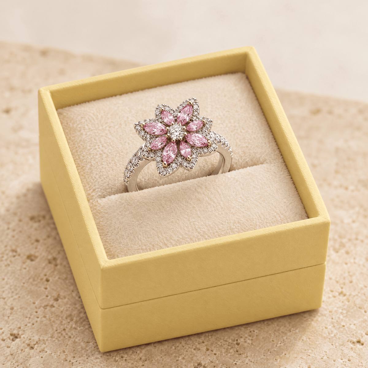 Pink Zircon Flower Ring - Deborah in the open gift box