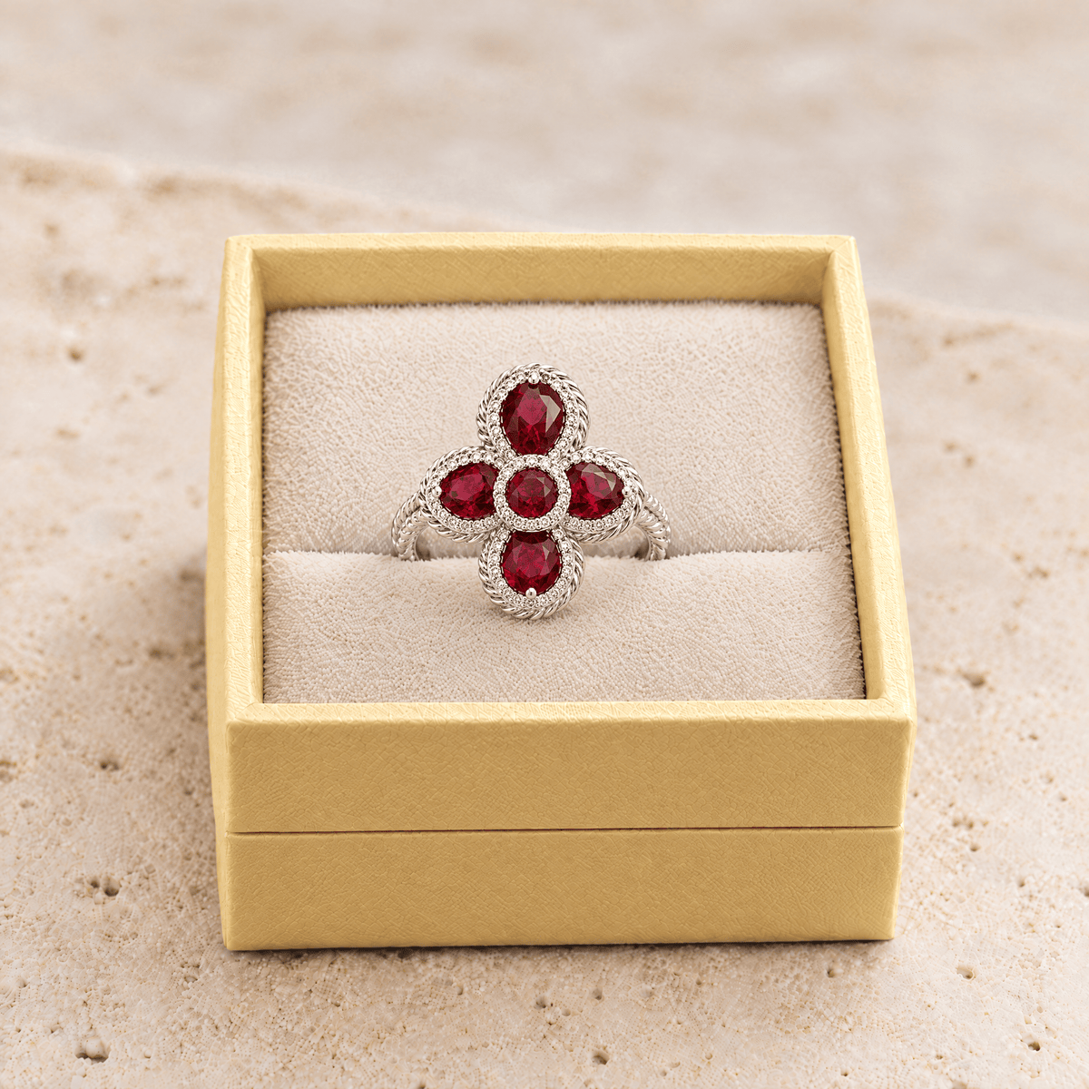 Red Zircon Petal Cross Ring - Sarah in gift box