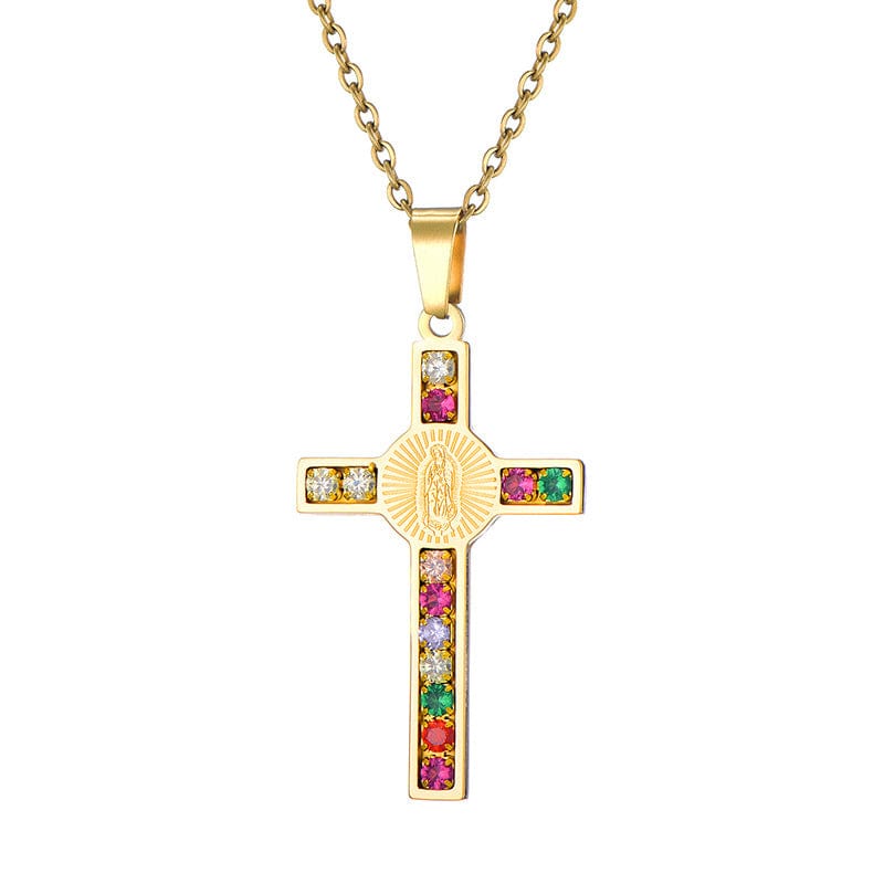 Virgin Mary Cross Pendant in Stainless Steel & Zircon