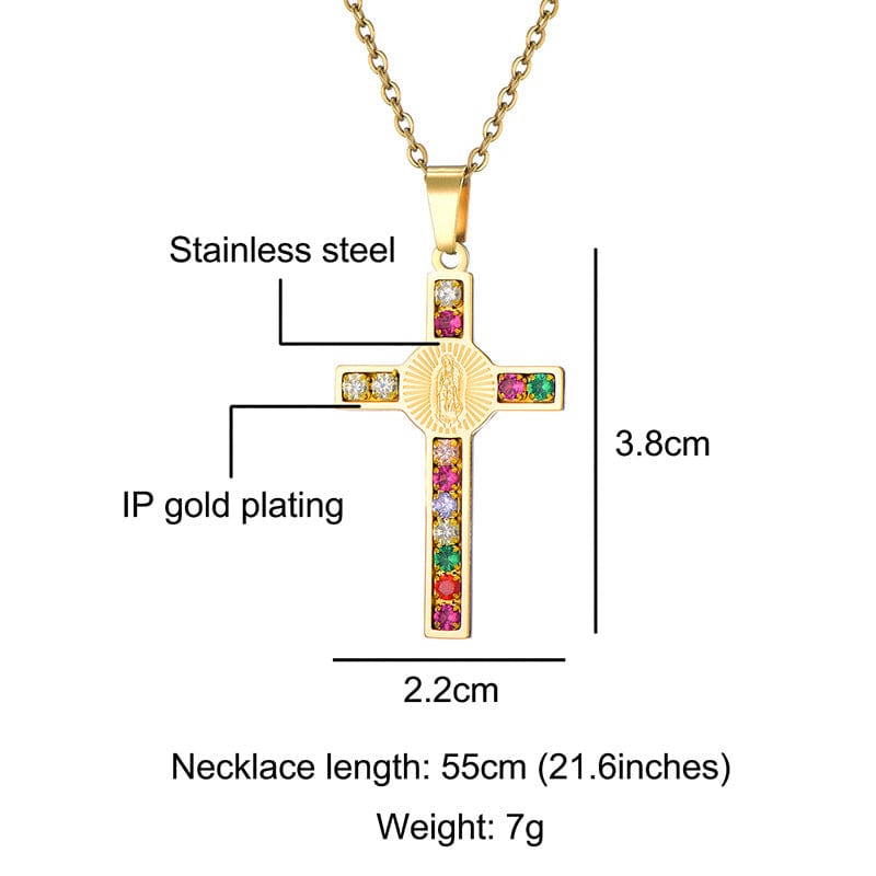 Virgin Mary Cross Pendant in Stainless Steel & Zircon