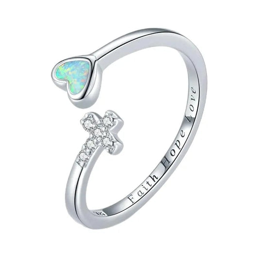 "FAITH LOVE HOPE" Adjustable Ring in Opal & 925 Sterling Silver
