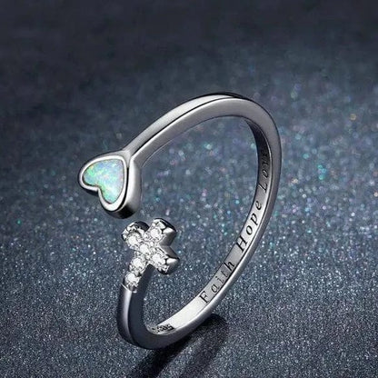 "FAITH LOVE HOPE" Adjustable Ring in Opal & 925 Sterling Silver