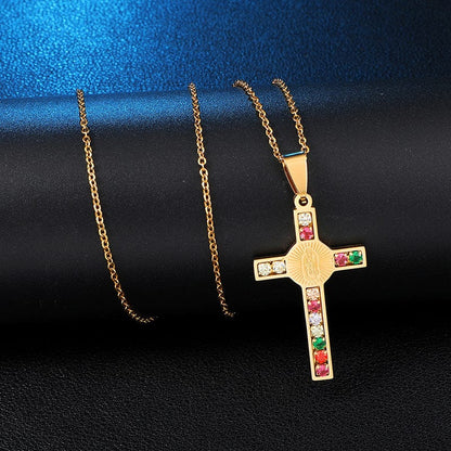 Virgin Mary Cross Pendant in Stainless Steel & Zircon