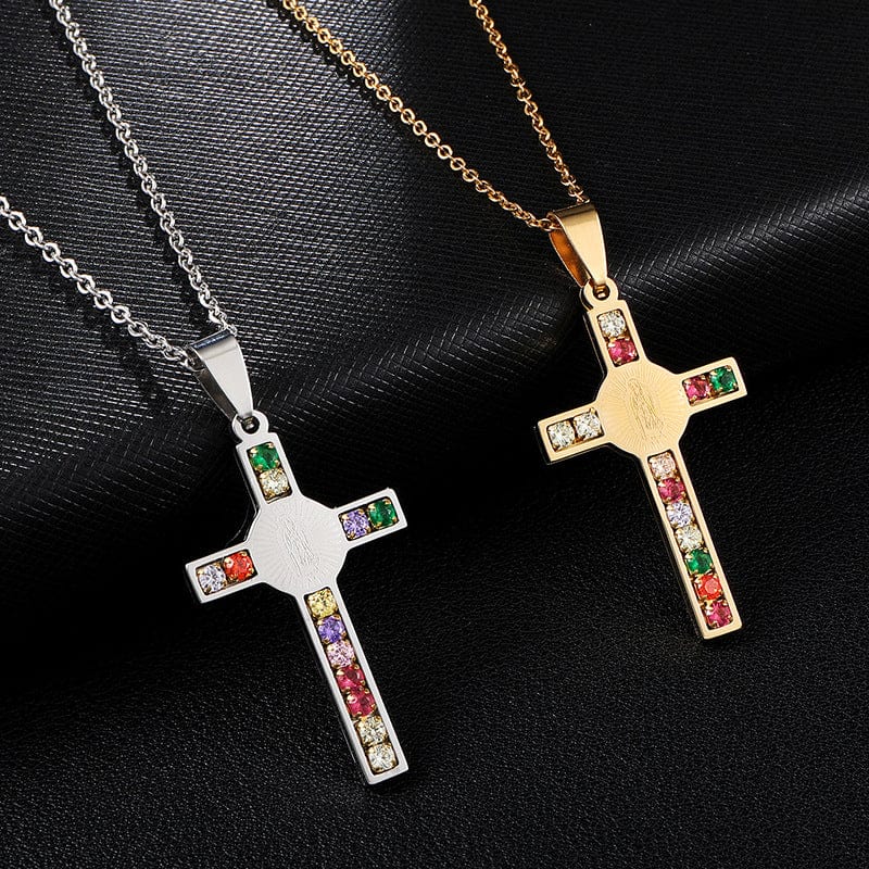 Virgin Mary Cross Pendant in Stainless Steel & Zircon