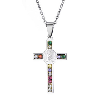 Virgin Mary Cross Pendant in Stainless Steel & Zircon