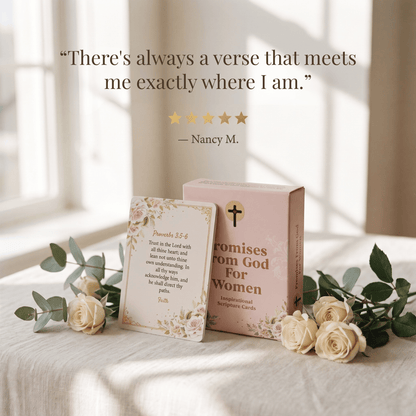 A boxed card set and a single card displayed on a draped white fabric surface with flowers and soft window light. The box reads 'Promises from God For Women' and the card shows 'Promises 3:4' with a verse.