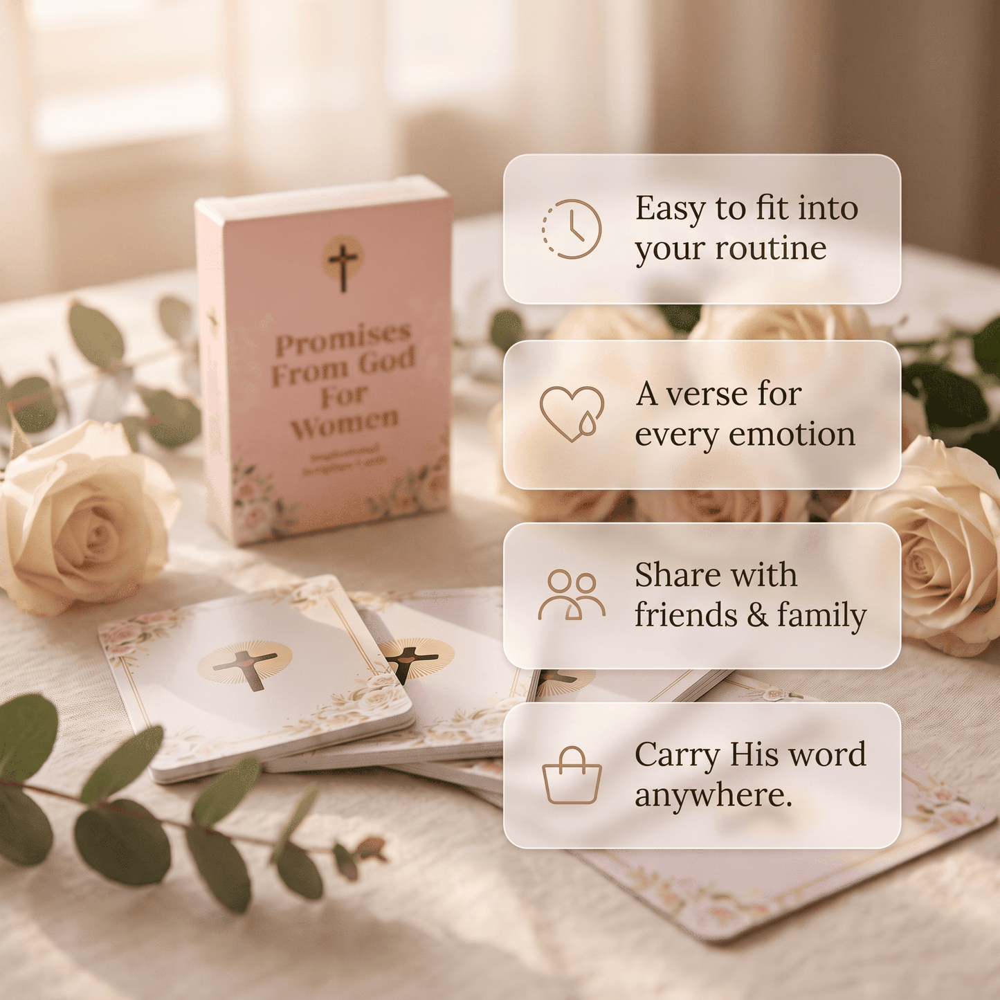 A boxed card deck labeled 'Promises From God For Women' sits on a soft white surface with several cards spread out beside it, surrounded by cream roses and green leaves. Four translucent text boxes on the right describe features: easy to fit into your routine, a verse for every emotion, share with friends & family, and carry His word anywhere.