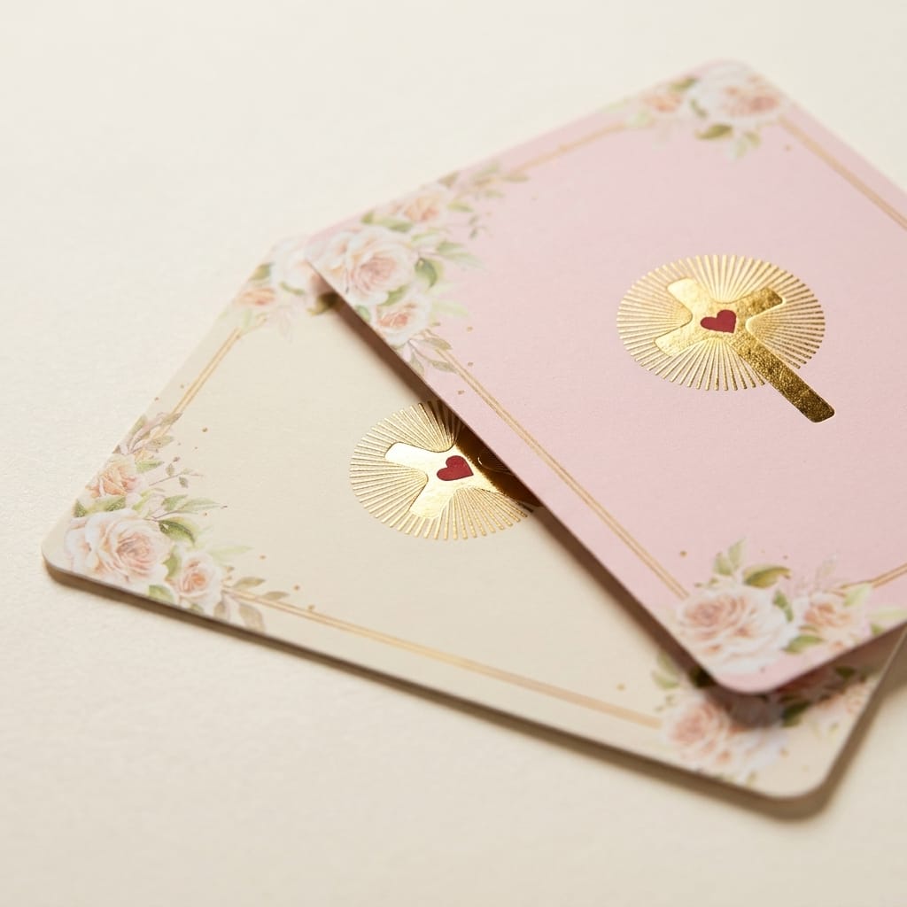 Two decorative greeting cards with floral and parasol designs on a beige background