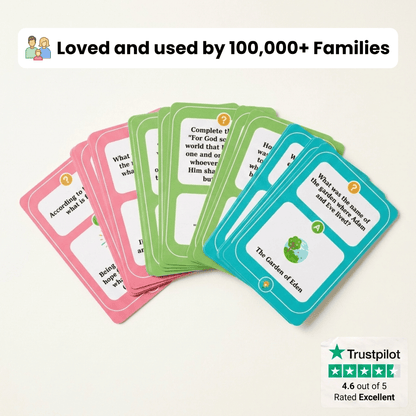 A fan of colorful religious cards on a light beige background, with text reading 'Loved and used by 100,000+ Families' and a Trustpilot rating badge in the lower right corner.