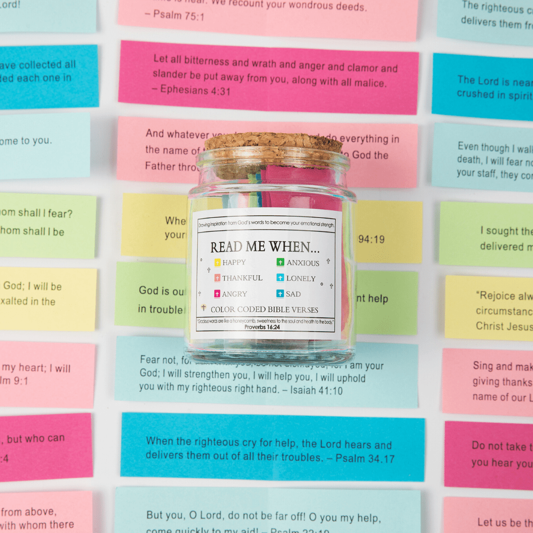 Bible Verse Jar surrounded by examples of colorful Bible verses and scripture cards