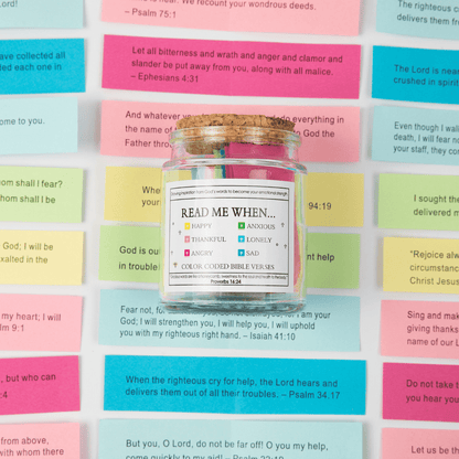 Bible Verse Jar surrounded by examples of colorful Bible verses and scripture cards