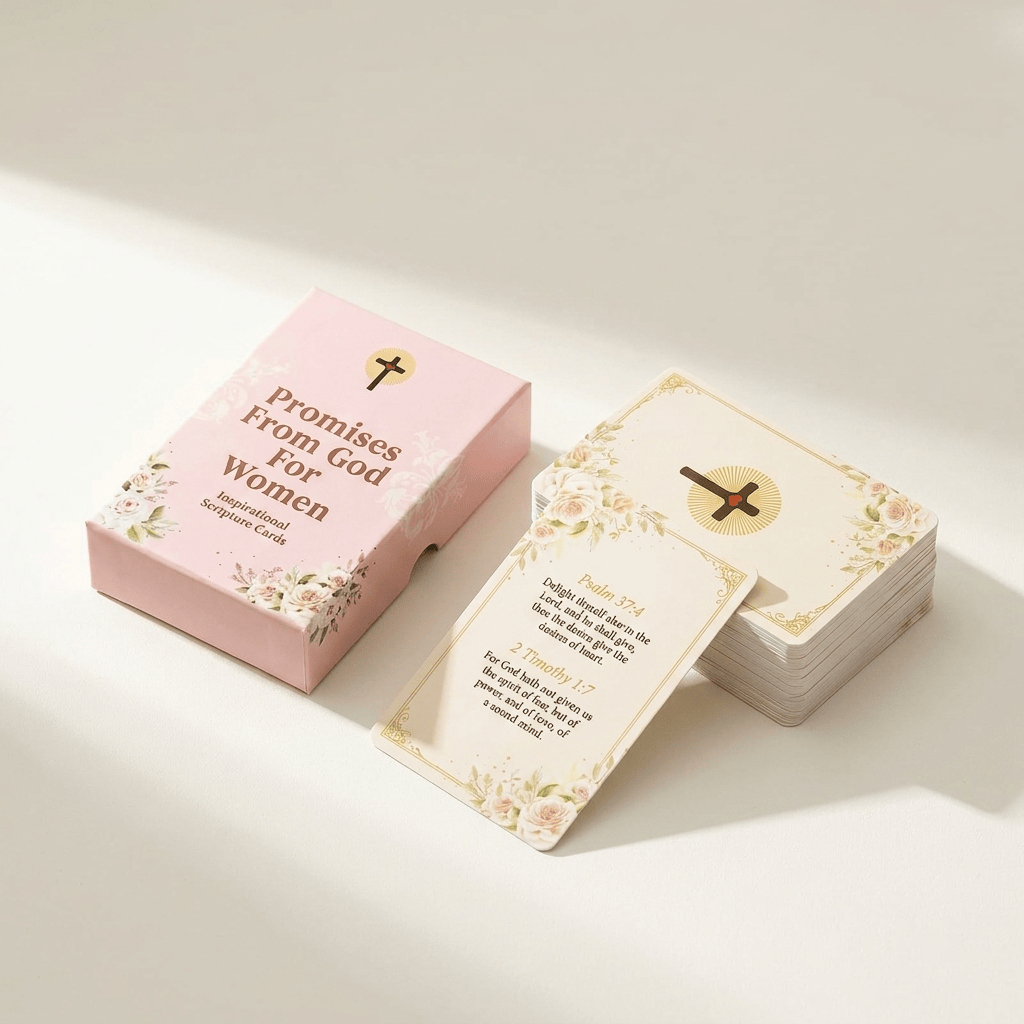 Set of 'Promises from God for Women' inspirational pocket cards with a pink box on a light background.