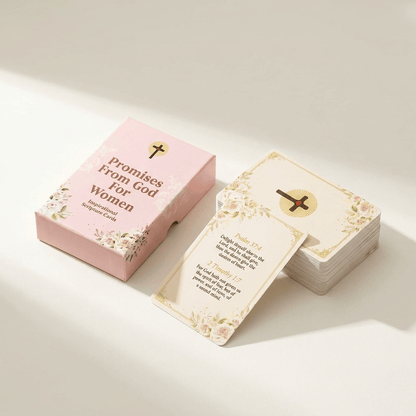 Set of 'Promises from God for Women' inspirational pocket cards with a pink box on a light background.