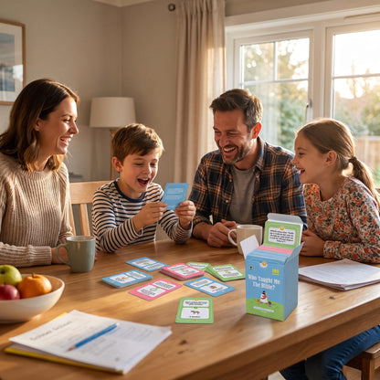 A family of four sits around a wooden dining table playing a card game. The father holds up a blue card, and the mother, son, and daughter are smiling and laughing.