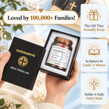 GodIsAbove Bible Verse Jar in a gift box with daily scripture and Christian gift benefits