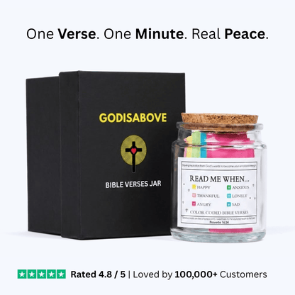 GodIsAbove Bible Verse Jar displayed with its black Christian gift box