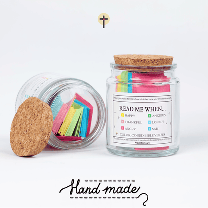 Handmade GodIsAbove Bible Verse Jar with colorful scripture cards and cork lid