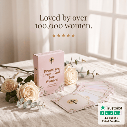 A boxed card deck titled "Promises From God For Women" sits on a bed with cream roses and eucalyptus stems in a softly lit bedroom. Text above reads "Loved by over 100,000 women.