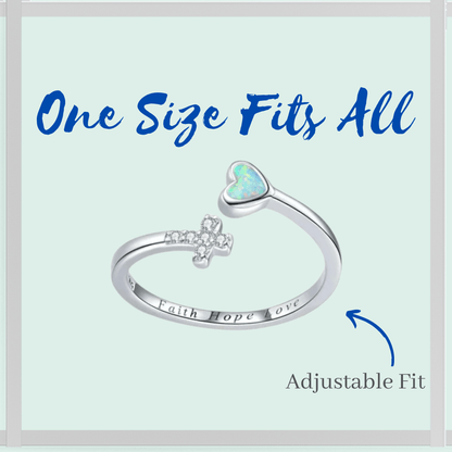 "FAITH LOVE HOPE" Adjustable Ring in Opal & 925 Sterling Silver