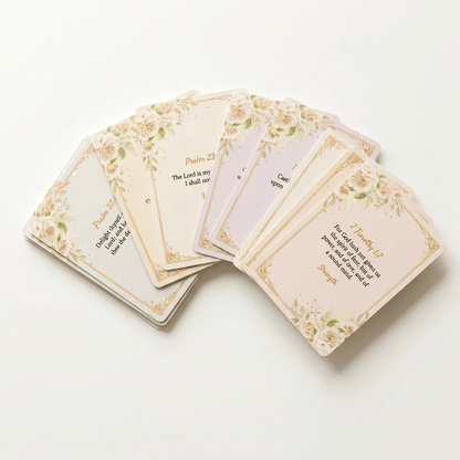 Set of prayer cards with floral designs and text on a white background