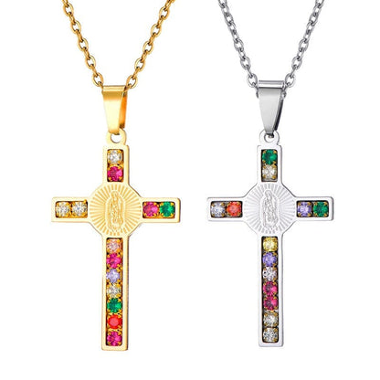 Virgin Mary Cross Pendant in Stainless Steel & Zircon