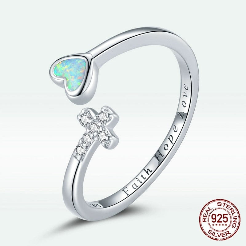 "FAITH LOVE HOPE" Adjustable Ring in Opal & 925 Sterling Silver