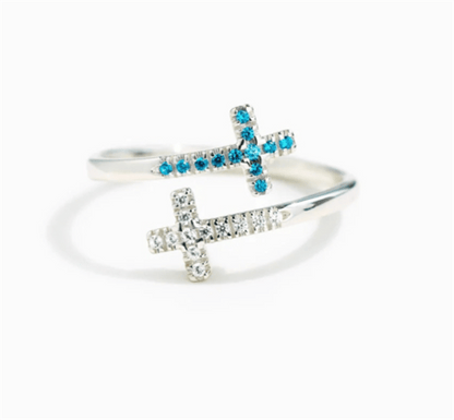 "FAITH & CROSS" Adjustable Ring in Zircon & 925 Sterling Silver