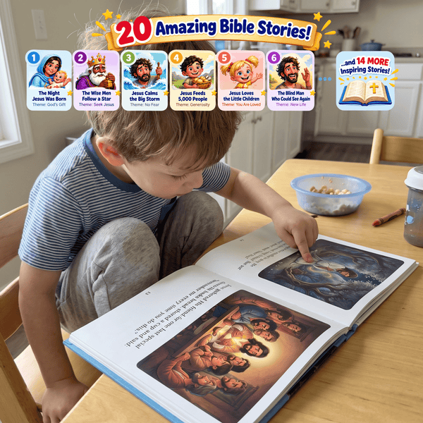Young child reading a Little Light Bible Storybook with colorful illustrations that make learning Bible stories fun and engaging.