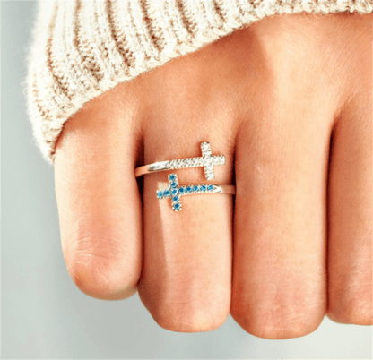 "FAITH & CROSS" Adjustable Ring in Zircon & 925 Sterling Silver