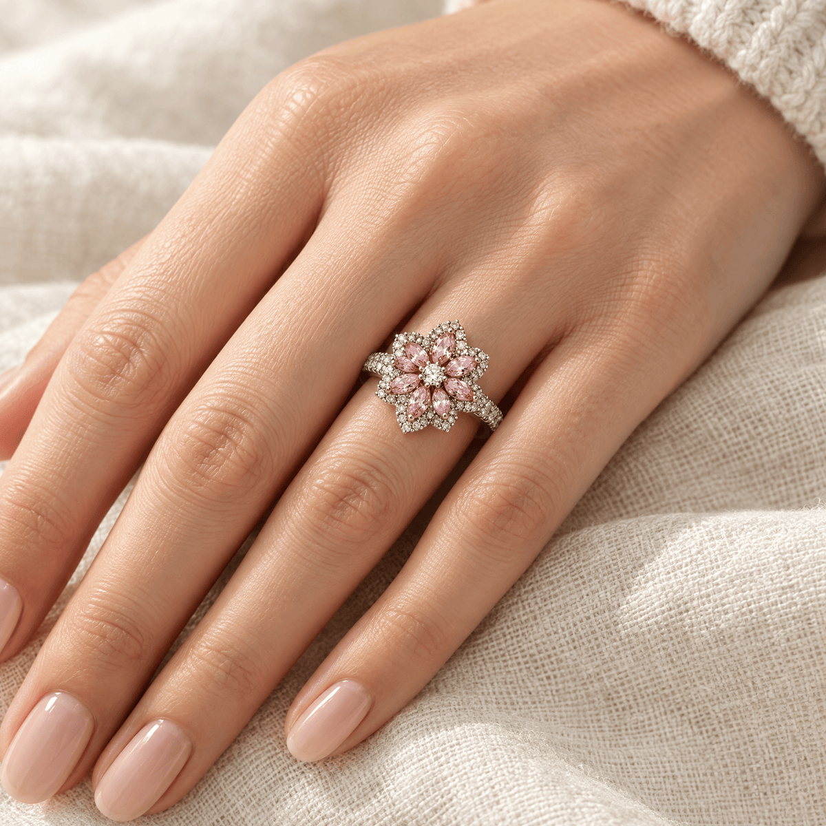 Pink Zircon Flower Ring - Deborah worn on the hand