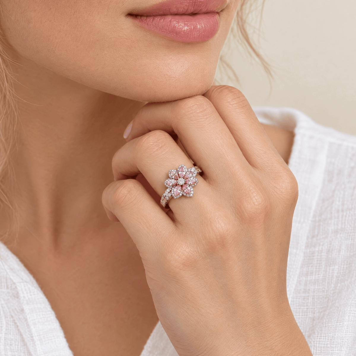 Pink Zircon Flower Ring - Deborah worn under the chin
