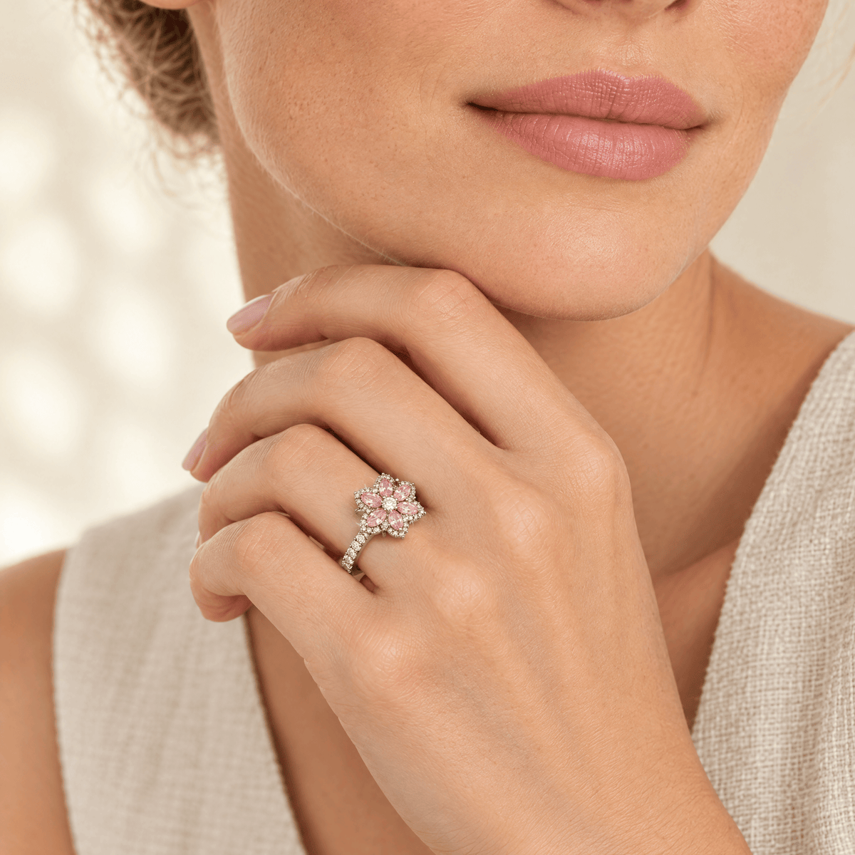 Pink Zircon Flower Ring - Deborah close up on the hand