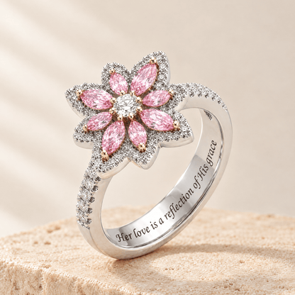 Pink Zircon Flower Ring - Deborah on a travertine stone