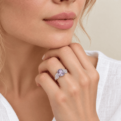 Oval Violet Zircon Ring - Anna worn under the chin