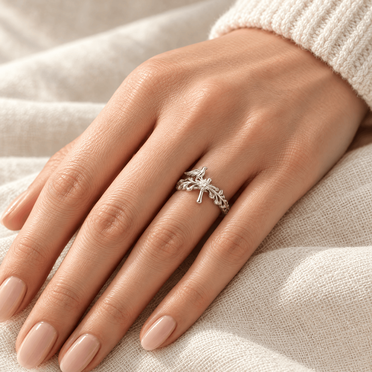 Pavé Zircon Dove Cross Ring - Miriam on hand