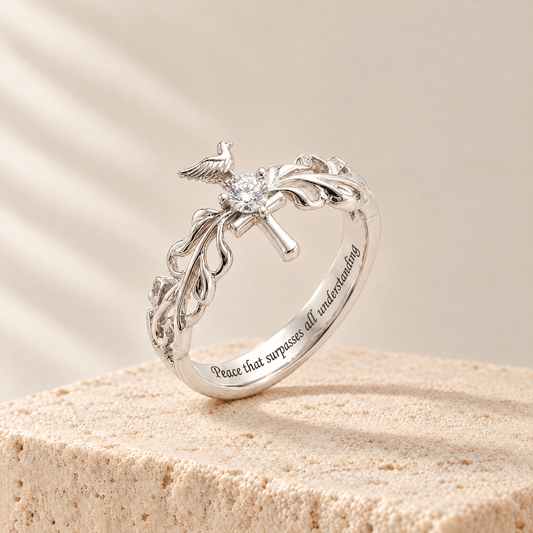 Pavé Zircon Dove Cross Ring - Miriam engraved Peace that surpasses all understanding