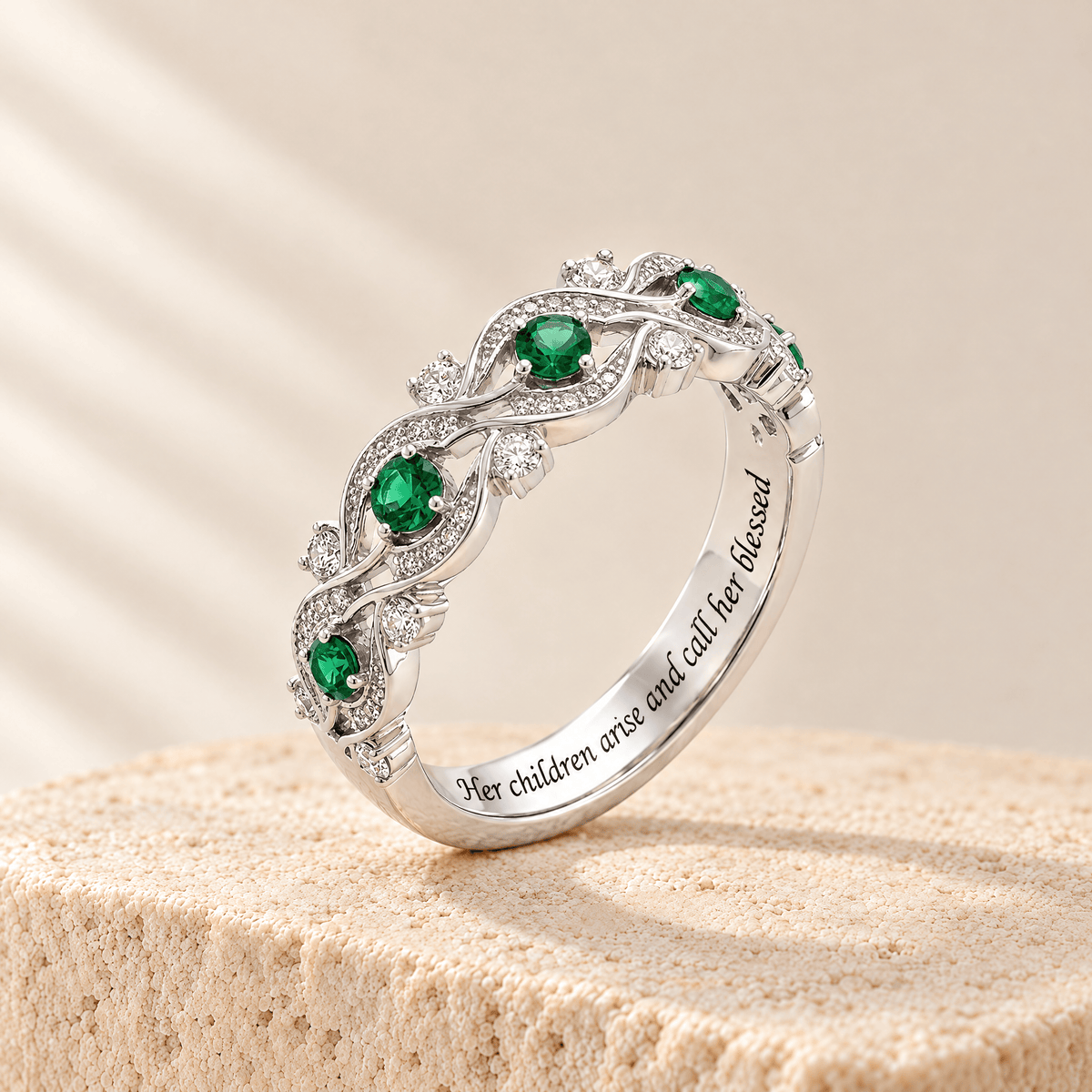 Green Zircon Vine Ring - Rebecca engraved Her children arise and call her blessed