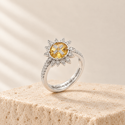 Yellow Zircon Sunburst Cross Ring - Joanna engraved The Lord is my light and my salvation