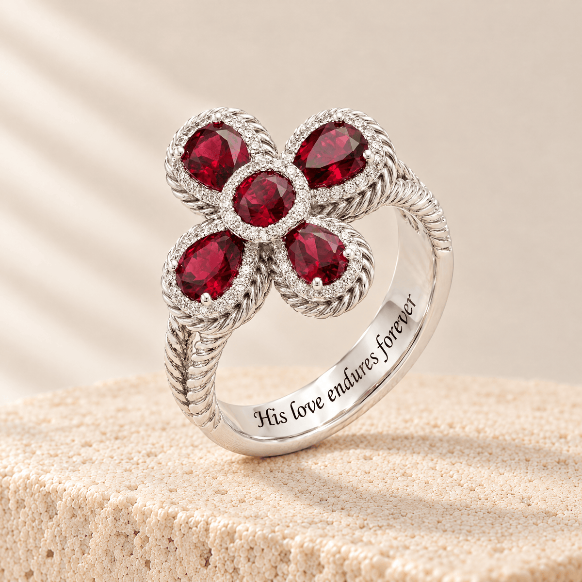 Red Zircon Petal Cross Ring - Sarah engraved His love endures forever