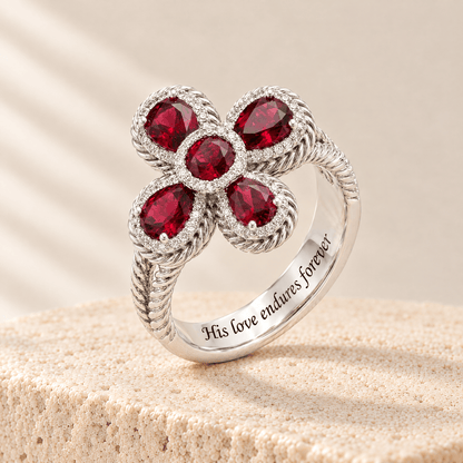 Red Zircon Petal Cross Ring - Sarah engraved His love endures forever