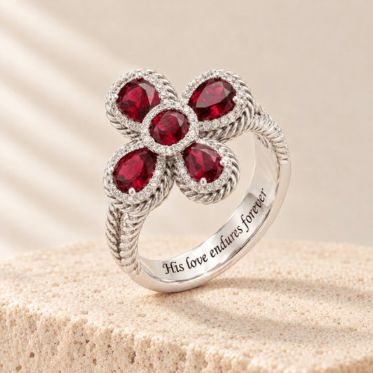 Red Zircon Petal Cross Ring - Sarah engraved His love endures forever