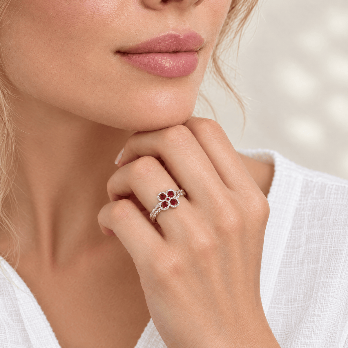 Red Zircon Petal Cross Ring - Sarah detail
