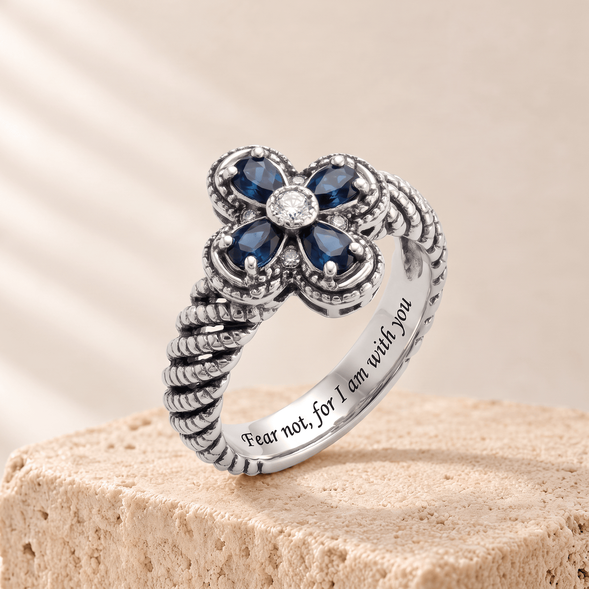 Blue Zircon Flower Rope Ring - Rachel engraved Fear not, for I am with you