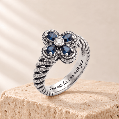 Blue Zircon Flower Rope Ring - Rachel engraved Fear not, for I am with you