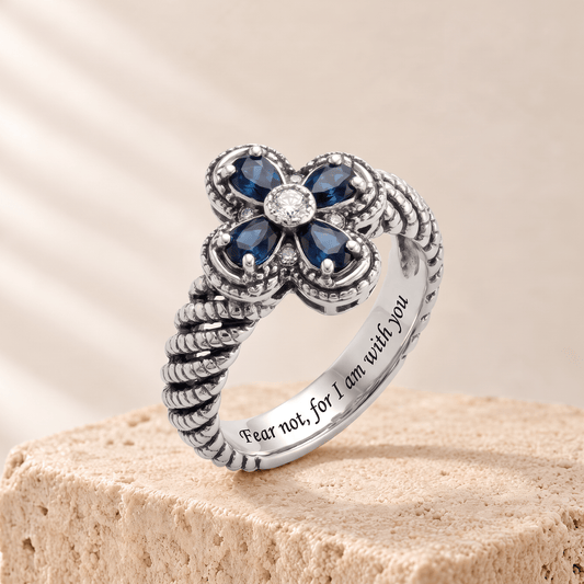 Blue Zircon Flower Rope Ring - Rachel engraved Fear not, for I am with you