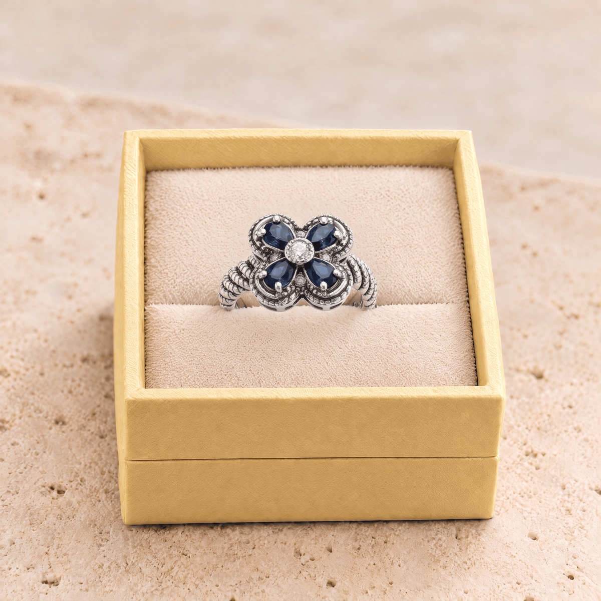 Blue Zircon Flower Rope Ring - Rachel in gift box