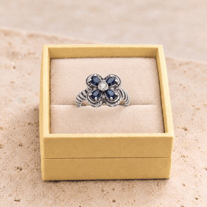 Blue Zircon Flower Rope Ring - Rachel in gift box