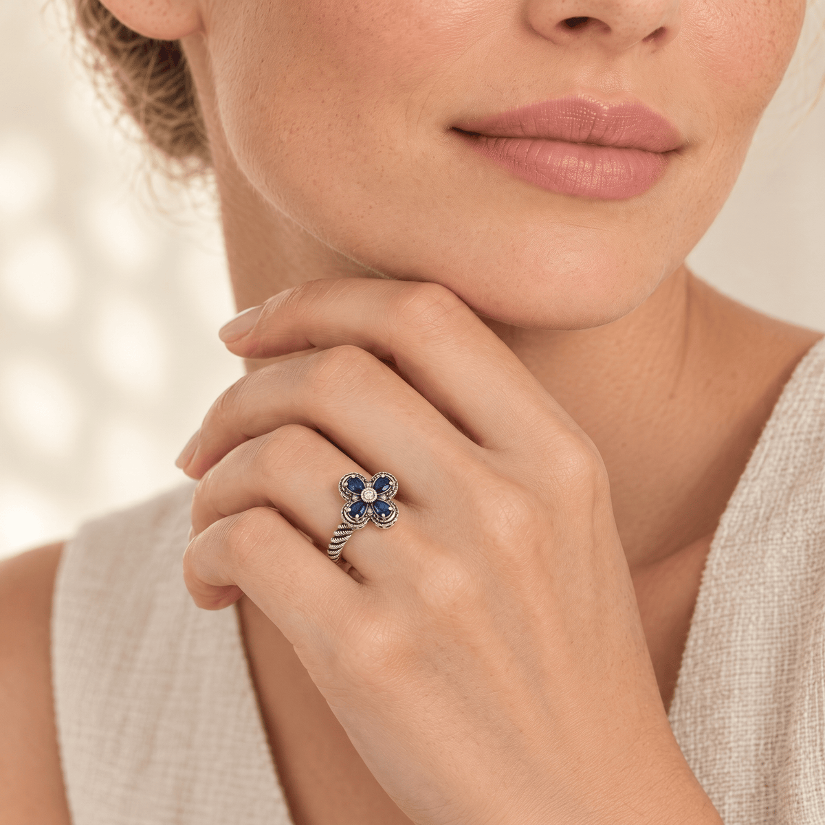 Blue Zircon Flower Rope Ring - Rachel close up