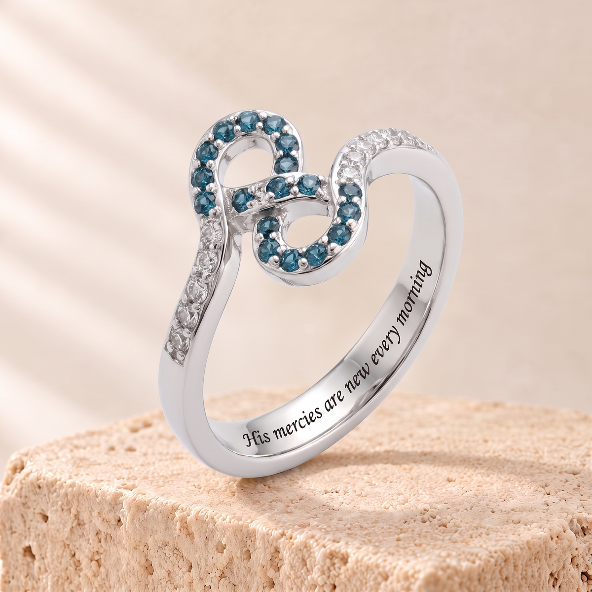 Blue Zircon Infinity Ring - Leah engraved His mercies are new every morning